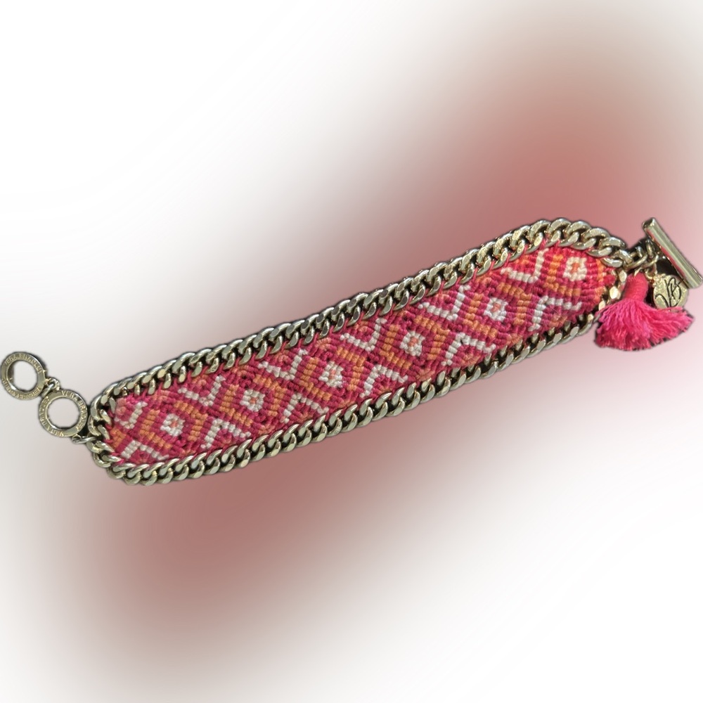 Vera Bradley Pink and Orange Woven Bracelet with Gold Chain